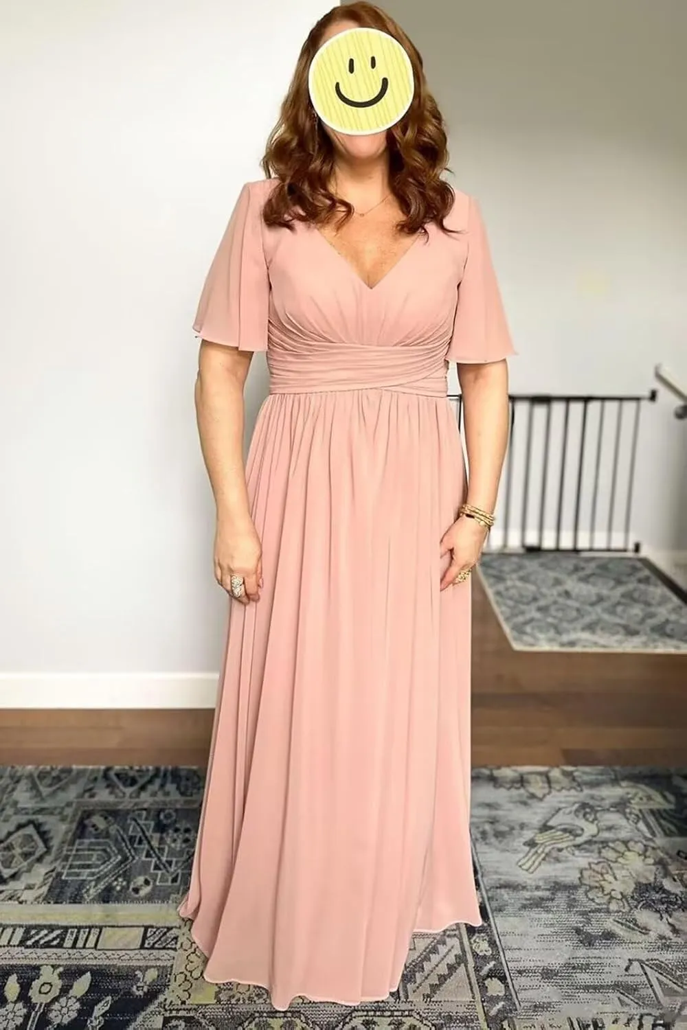 Short Sleeve Chiffon Bridesmaid Dresses for Wedding V Neck Ruffle A-Line Long Formal Dresses for Women with Slit