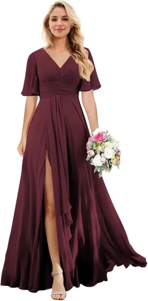 Short Sleeve Chiffon Bridesmaid Dresses for Wedding V Neck Ruffle A-Line Long Formal Dresses for Women with Slit