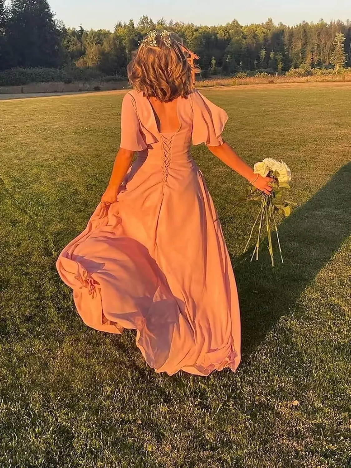 Short Sleeve Chiffon Bridesmaid Dresses for Wedding V Neck Ruffle A-Line Long Formal Dresses for Women with Slit