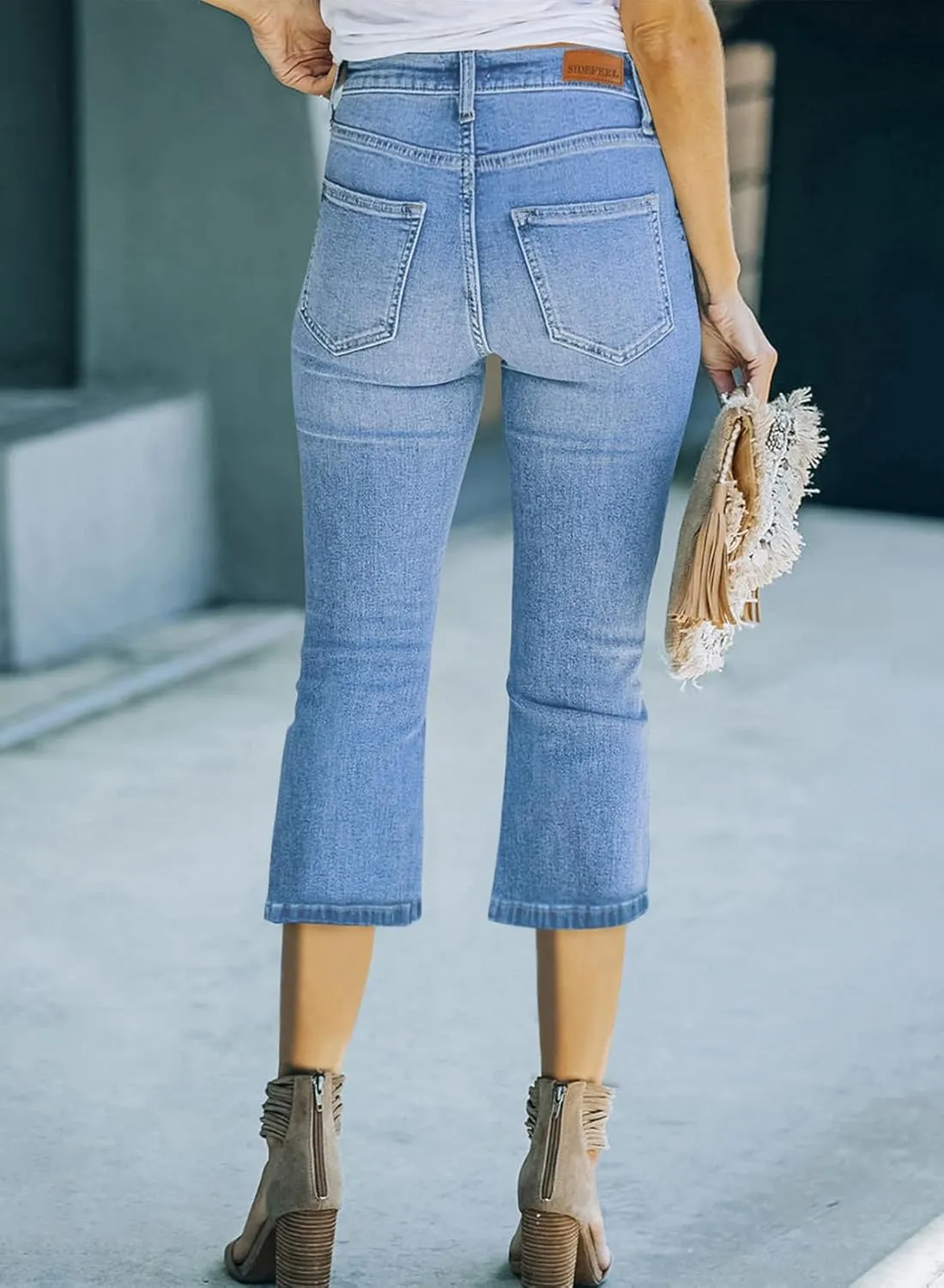 Sidefeel Women's High Waisted Capri Jeans Bell Bottoms Bootcut Summer Zimbaplatinum Denim Flare Pants