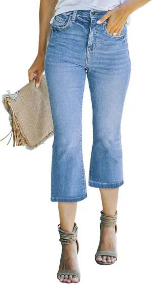 Sidefeel Women's High Waisted Capri Jeans Bell Bottoms Bootcut Summer Zimbaplatinum Denim Flare Pants