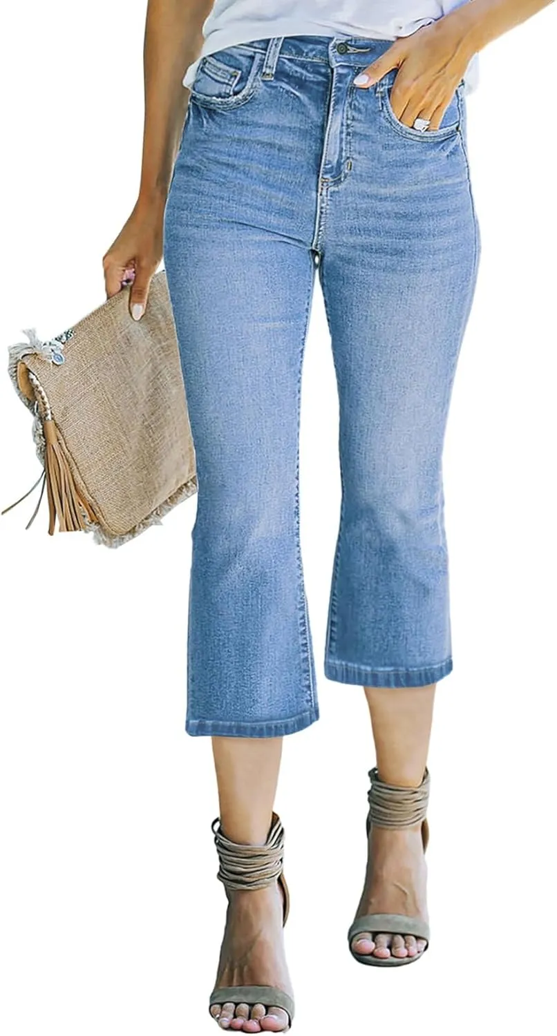 Sidefeel Women's High Waisted Capri Jeans Bell Bottoms Bootcut Summer Zimbaplatinum Denim Flare Pants