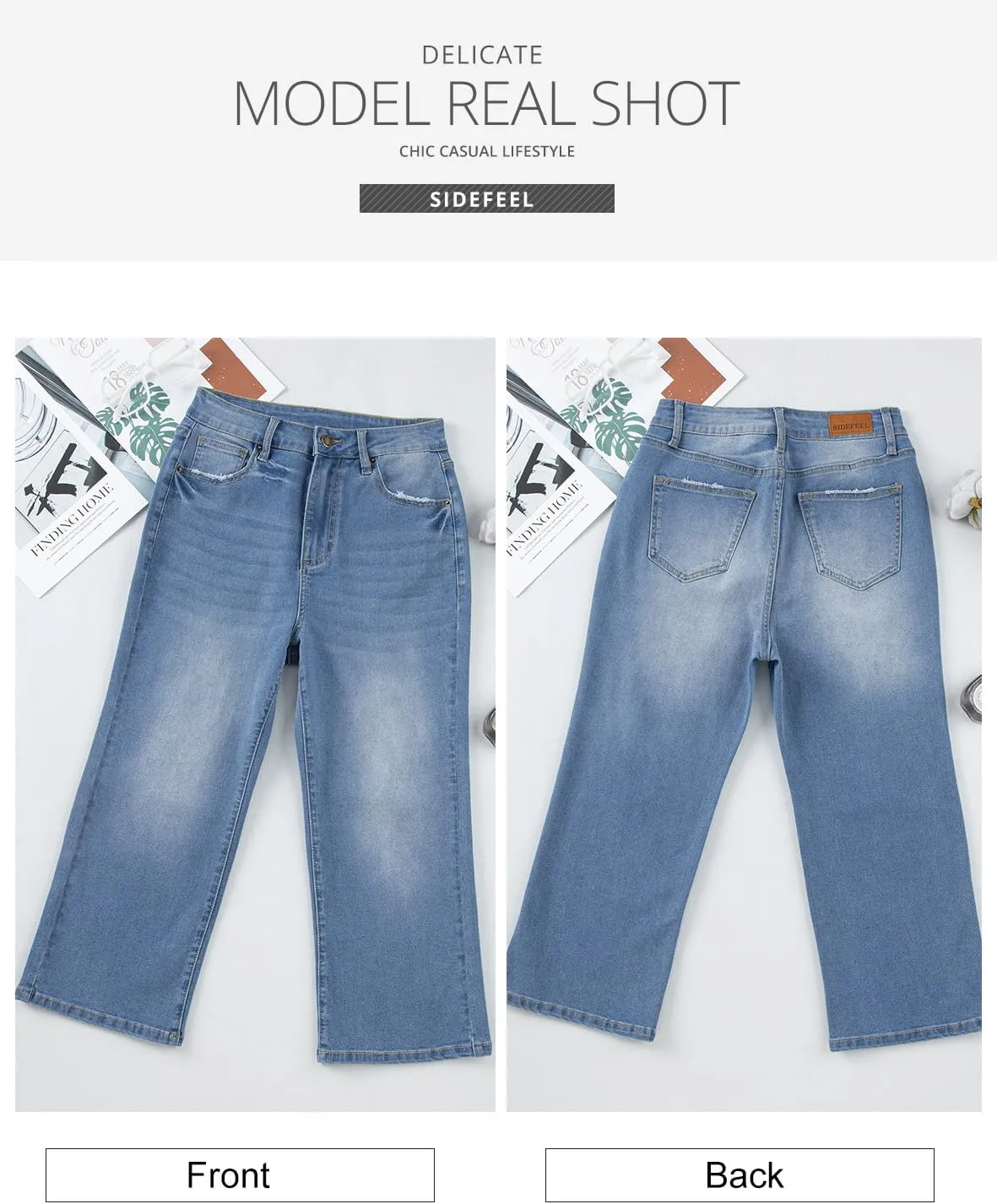 Sidefeel Women's High Waisted Capri Jeans Bell Bottoms Bootcut Summer Zimbaplatinum Denim Flare Pants