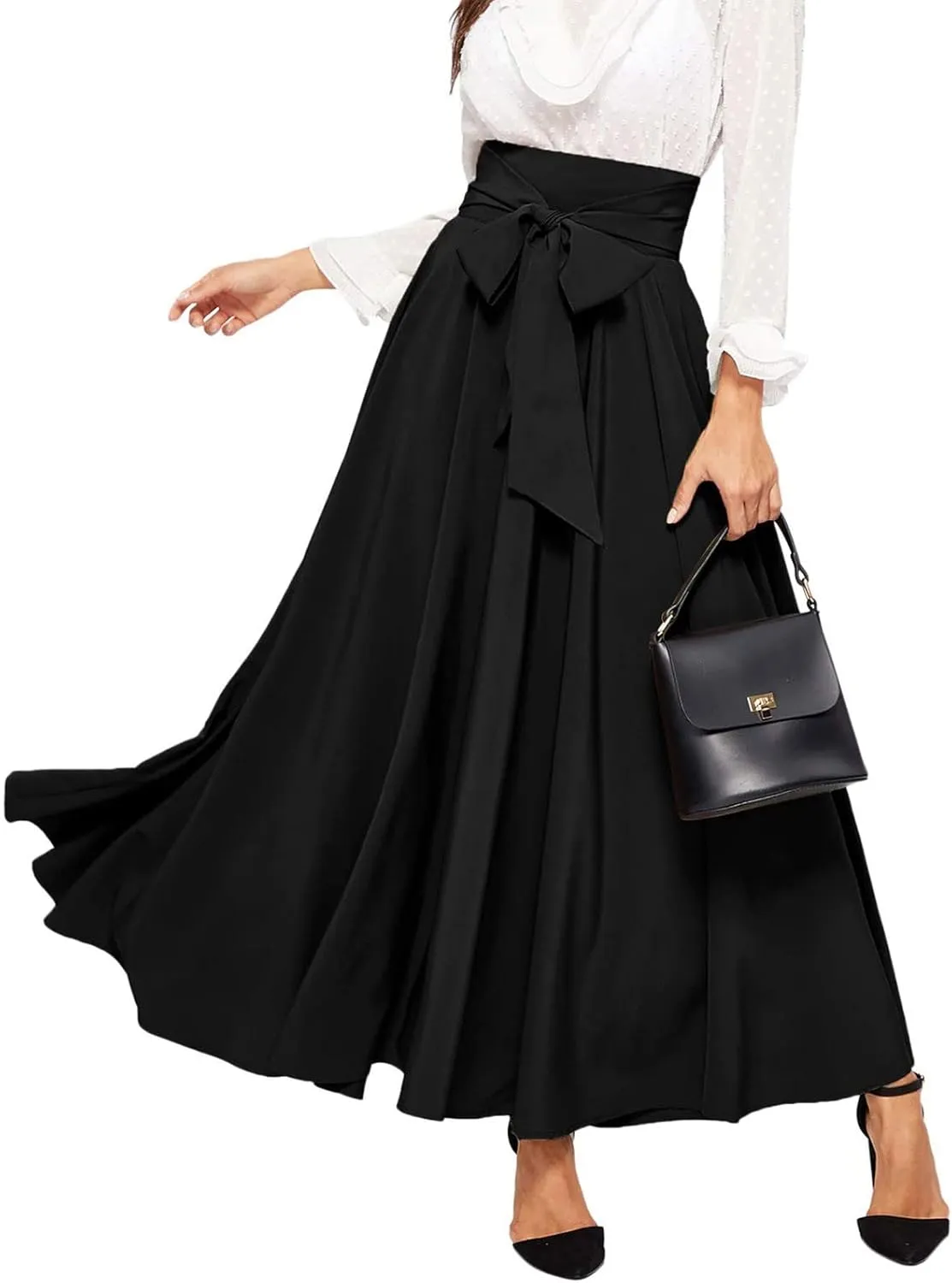 Skirts Black Women Bubble Long Skirt Y2k Flowy Swing a Line Maxi Skirt Cute Ruffle Pleated Midi Skirt