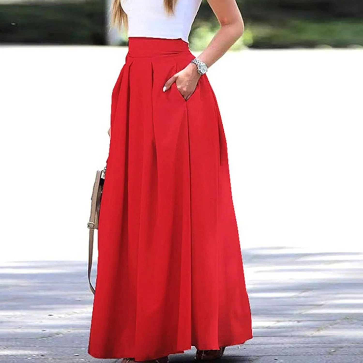 Solid Color Women Skirts Pleated with Pockets Dress Plus Size A Line High Waist Summer 2023 Modest Robe Classy Flowy