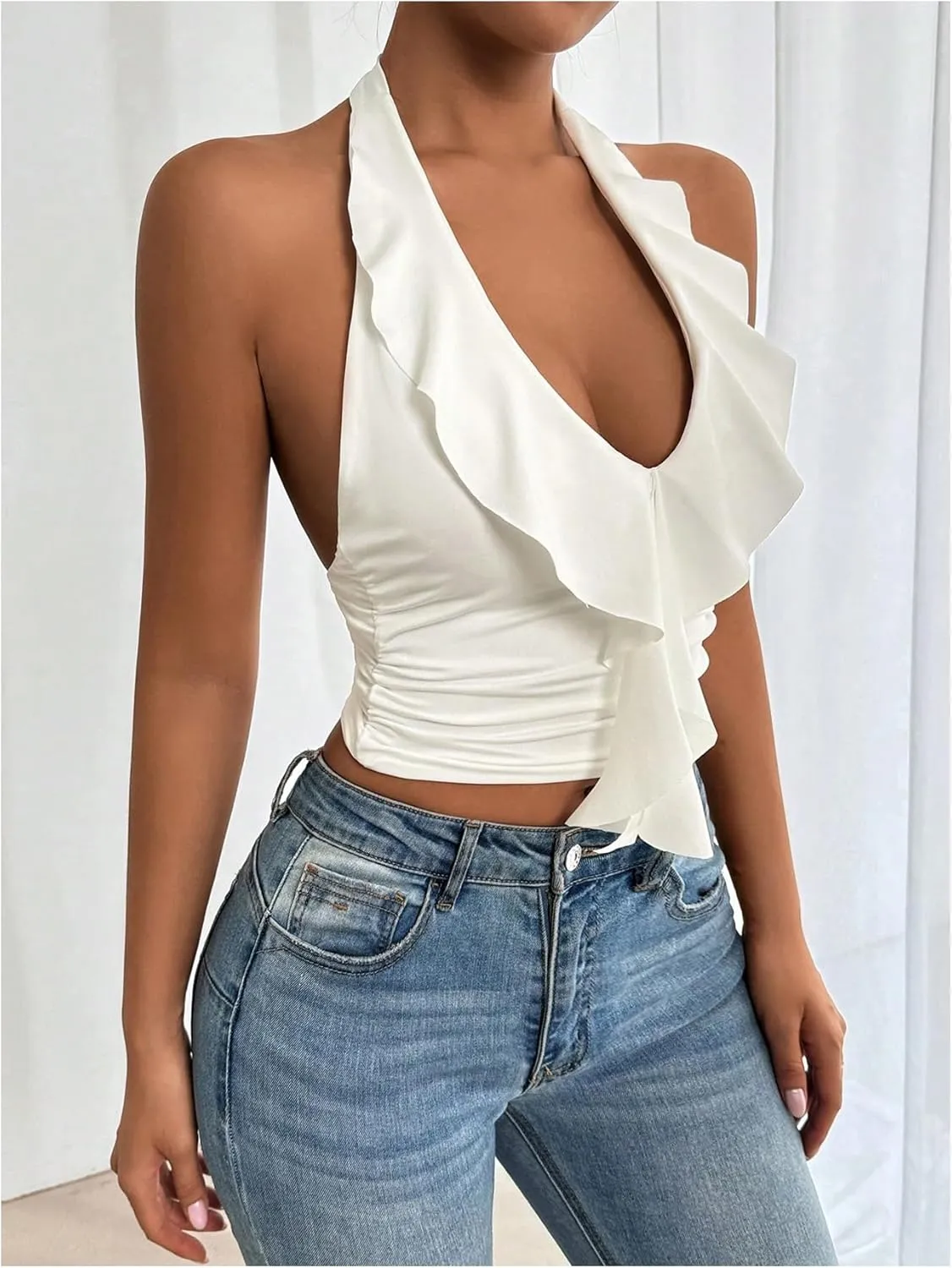 SOLY HUX Women's Ruffle Trim Halter Tops Ruched V Neck Sleeveless Going Out Crop Tops