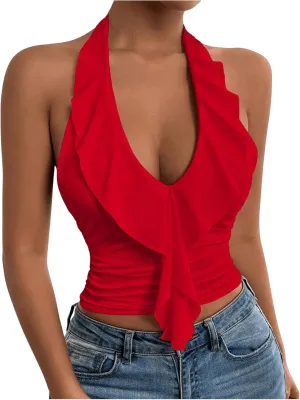 SOLY HUX Women's Ruffle Trim Halter Tops Ruched V Neck Sleeveless Going Out Crop Tops