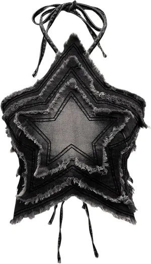 SOLY HUX Women's Star Halter Tops Tie Backless Y2k Distressed Denim Cami Crop Tops