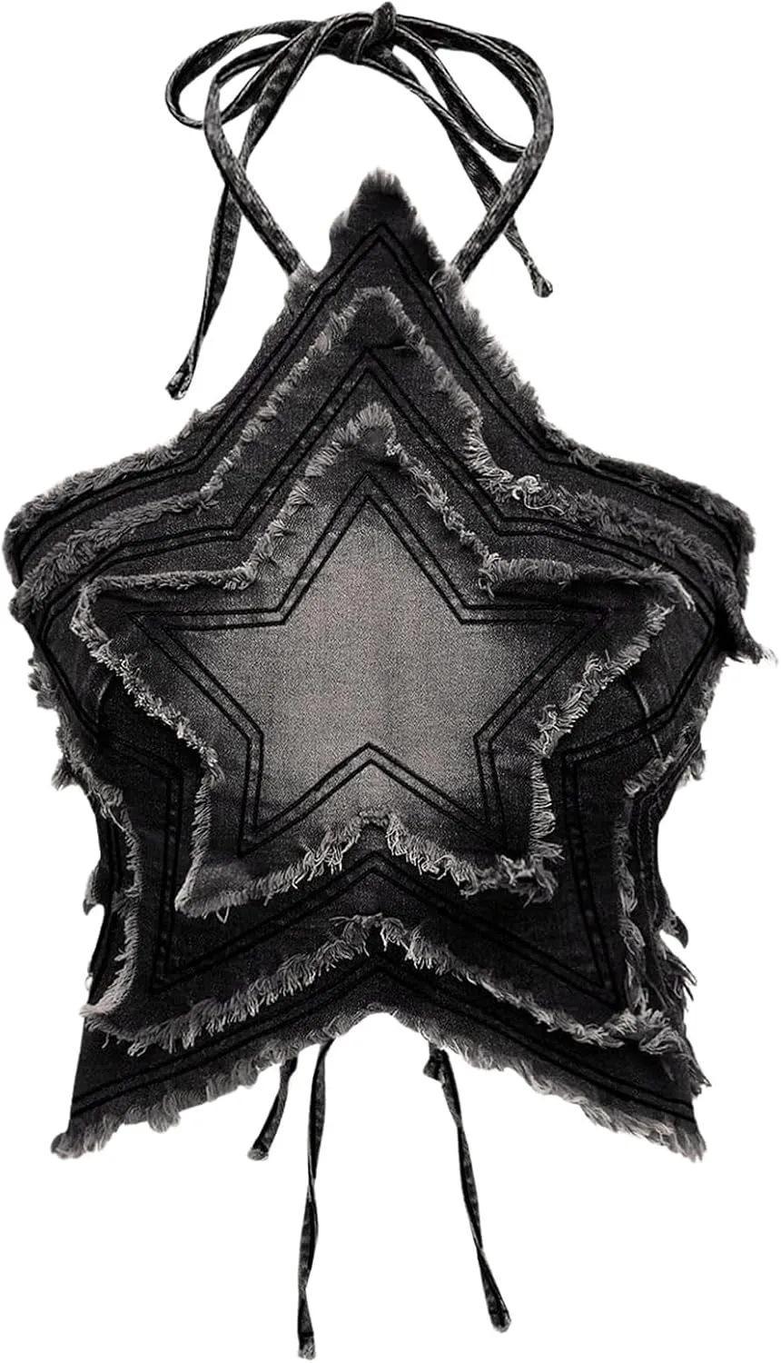 SOLY HUX Women's Star Halter Tops Tie Backless Y2k Distressed Denim Cami Crop Tops