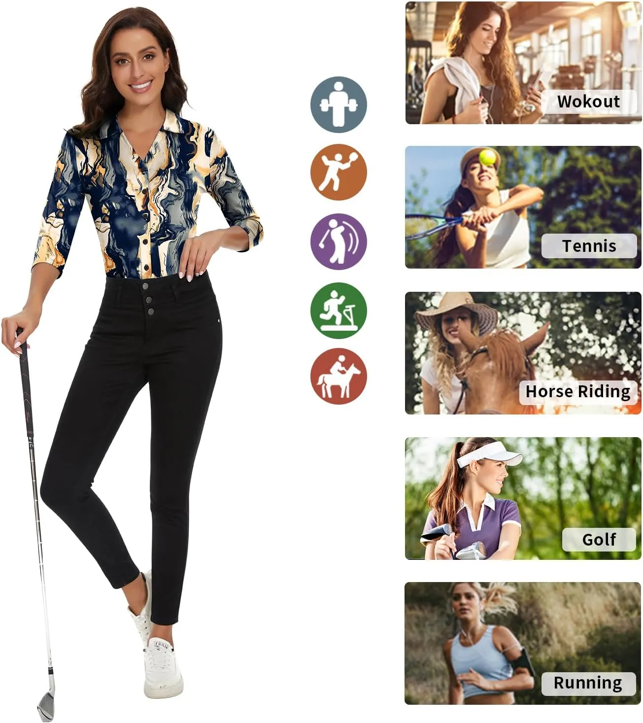 Soneven Womens Golf Polo Shirts 3/4 Long Sleeve V Neck Button Down Shirts Business Causal Work Blouses Tops
