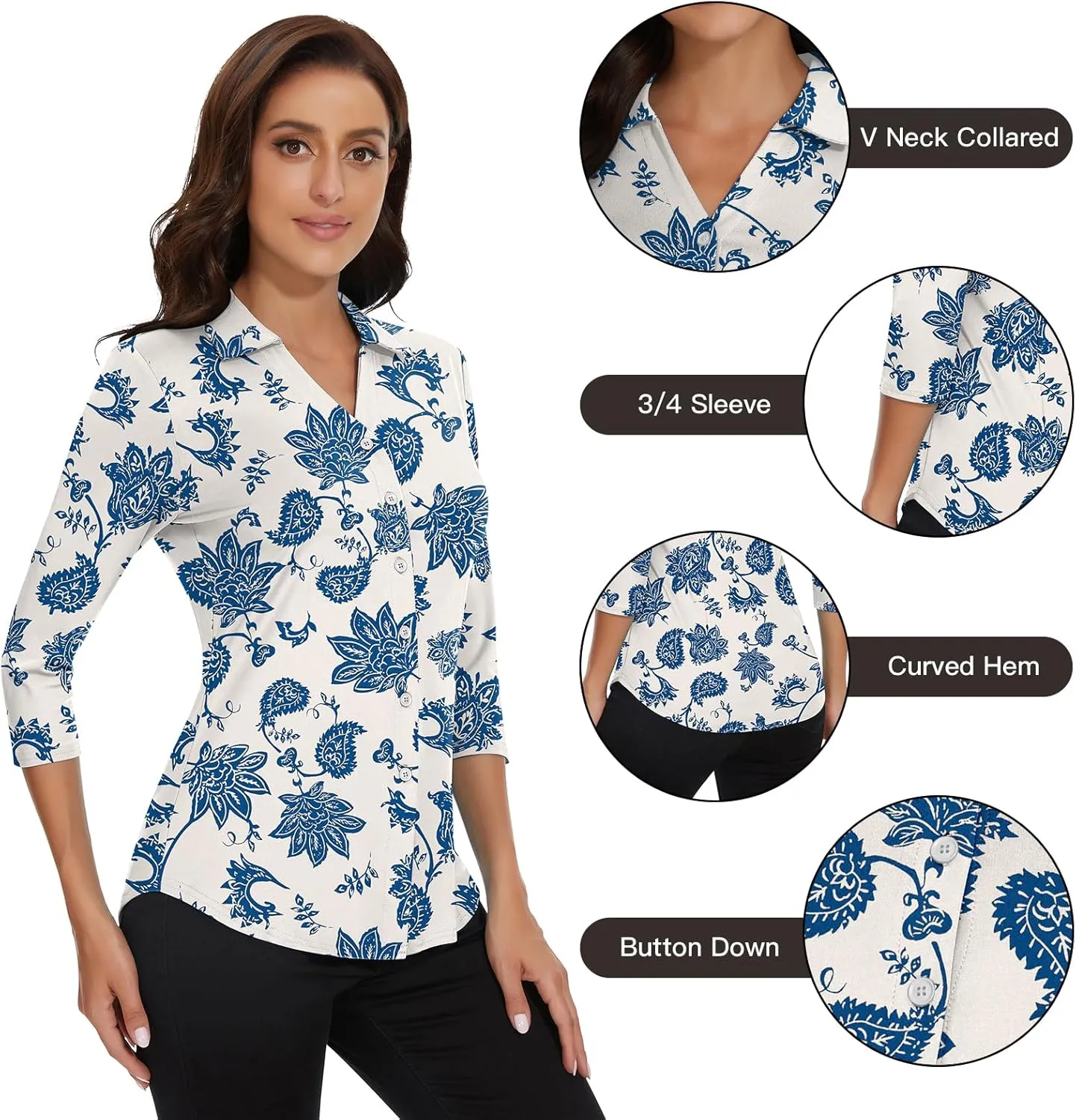 Soneven Womens Golf Polo Shirts 3/4 Long Sleeve V Neck Button Down Shirts Business Causal Work Blouses Tops