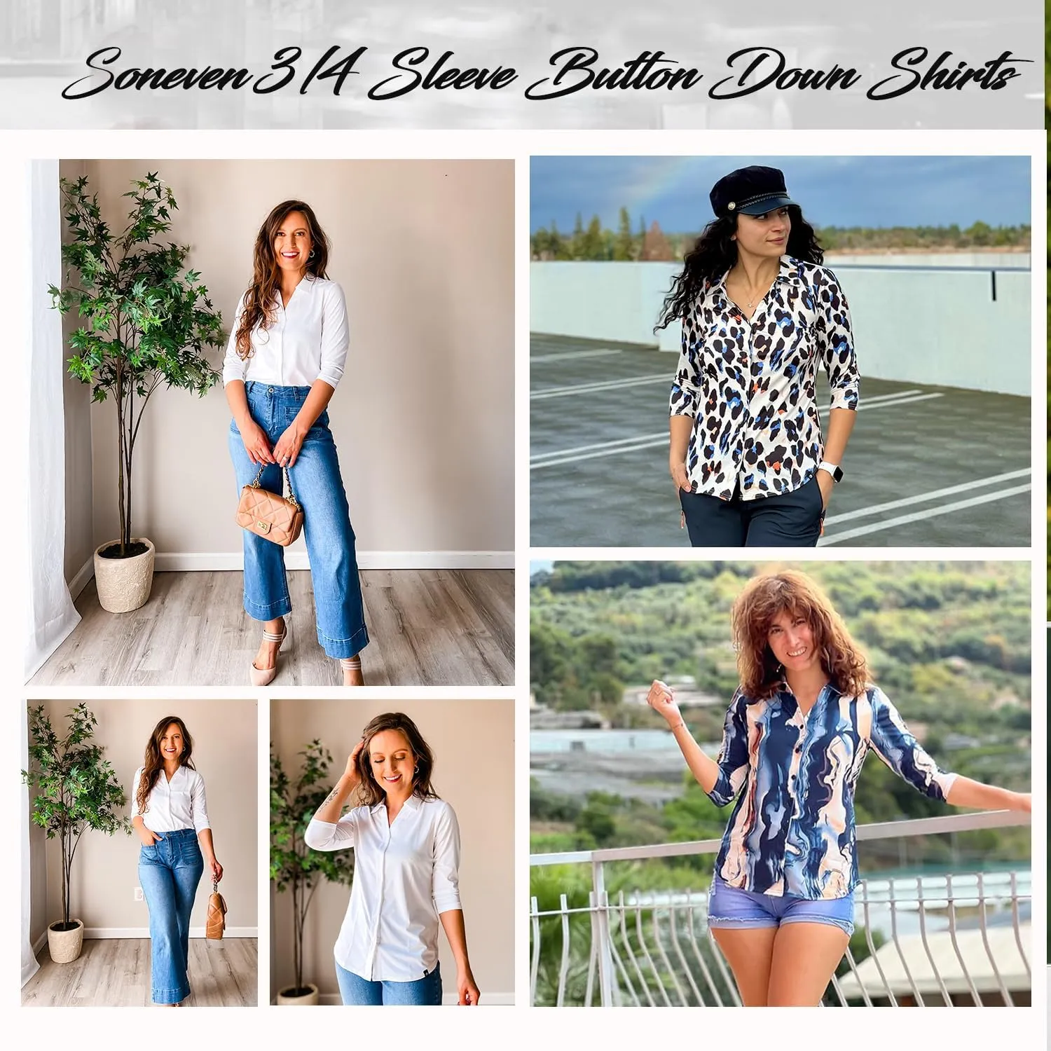 Soneven Womens Golf Polo Shirts 3/4 Long Sleeve V Neck Button Down Shirts Business Causal Work Blouses Tops