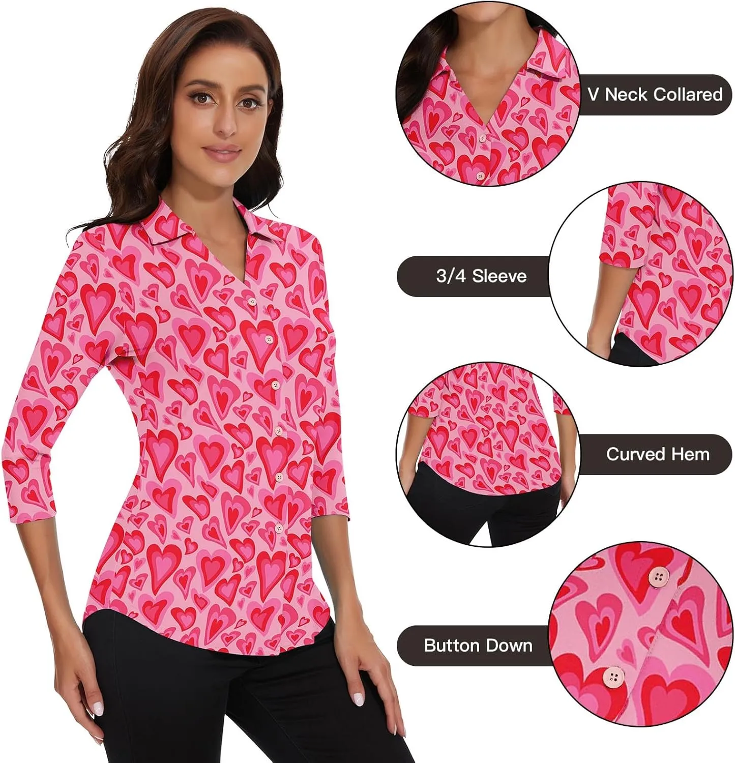 Soneven Womens Golf Polo Shirts 3/4 Long Sleeve V Neck Button Down Shirts Business Causal Work Blouses Tops