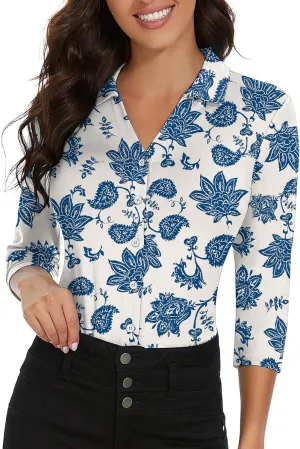 Soneven Womens Golf Polo Shirts 3/4 Long Sleeve V Neck Button Down Shirts Business Causal Work Blouses Tops
