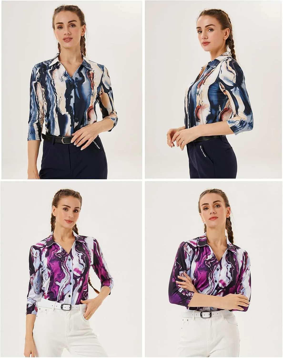 Soneven Womens Golf Polo Shirts 3/4 Long Sleeve V Neck Button Down Shirts Business Causal Work Blouses Tops
