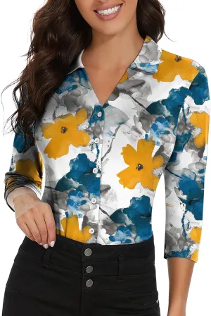 Soneven Womens Golf Polo Shirts 3/4 Long Sleeve V Neck Button Down Shirts Business Causal Work Blouses Tops