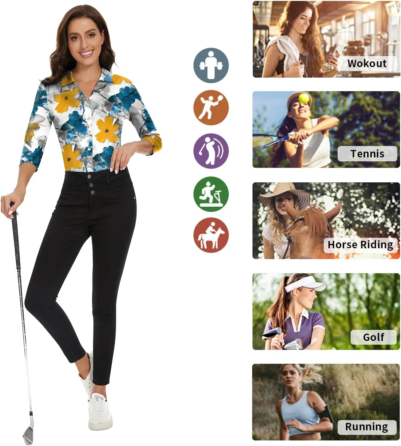 Soneven Womens Golf Polo Shirts 3/4 Long Sleeve V Neck Button Down Shirts Business Causal Work Blouses Tops