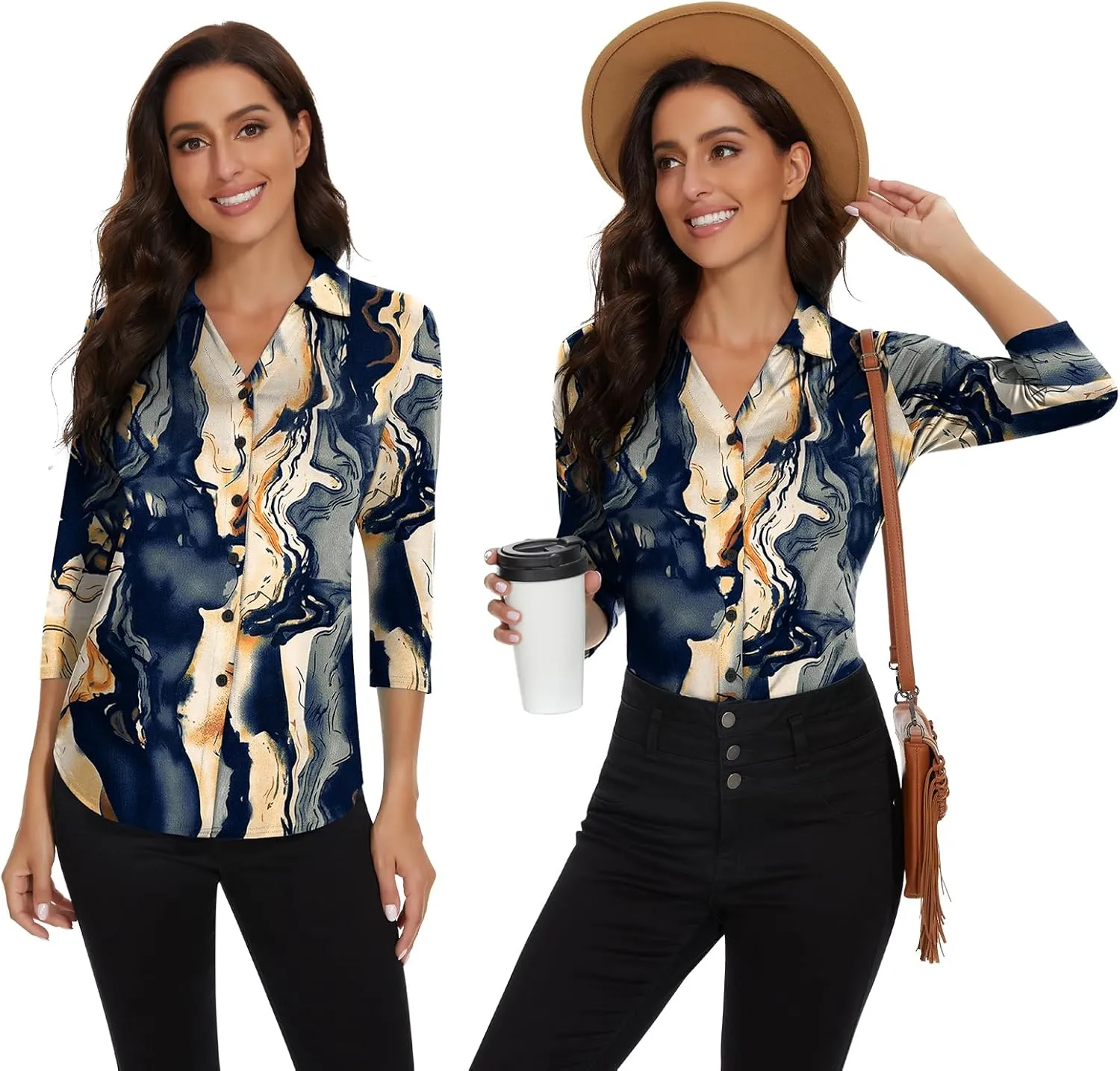 Soneven Womens Golf Polo Shirts 3/4 Long Sleeve V Neck Button Down Shirts Business Causal Work Blouses Tops