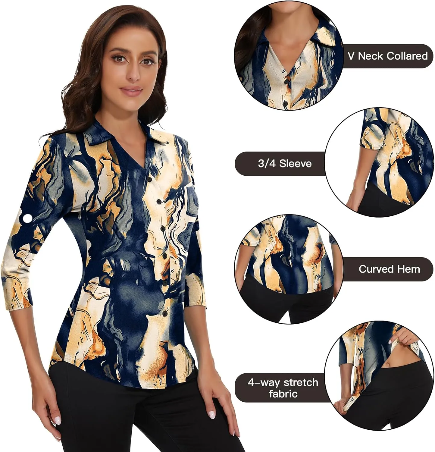 Soneven Womens Golf Polo Shirts 3/4 Long Sleeve V Neck Button Down Shirts Business Causal Work Blouses Tops