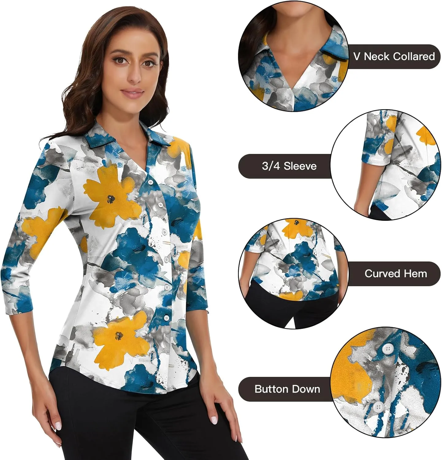 Soneven Womens Golf Polo Shirts 3/4 Long Sleeve V Neck Button Down Shirts Business Causal Work Blouses Tops