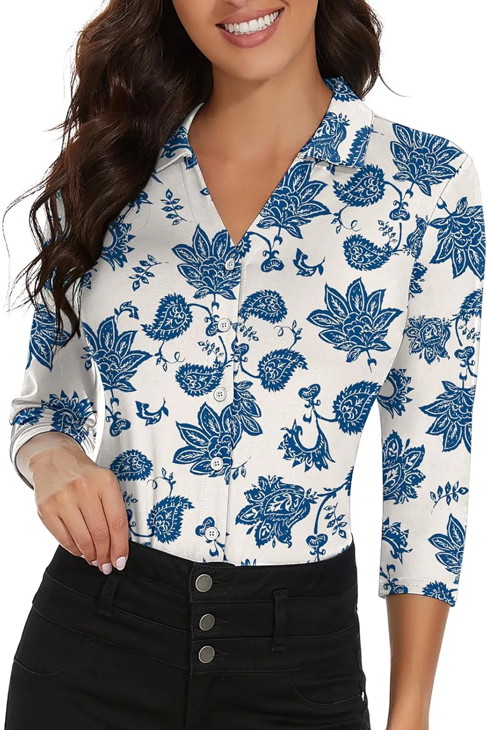 Soneven Womens Golf Polo Shirts 3/4 Long Sleeve V Neck Button Down Shirts Business Causal Work Blouses Tops