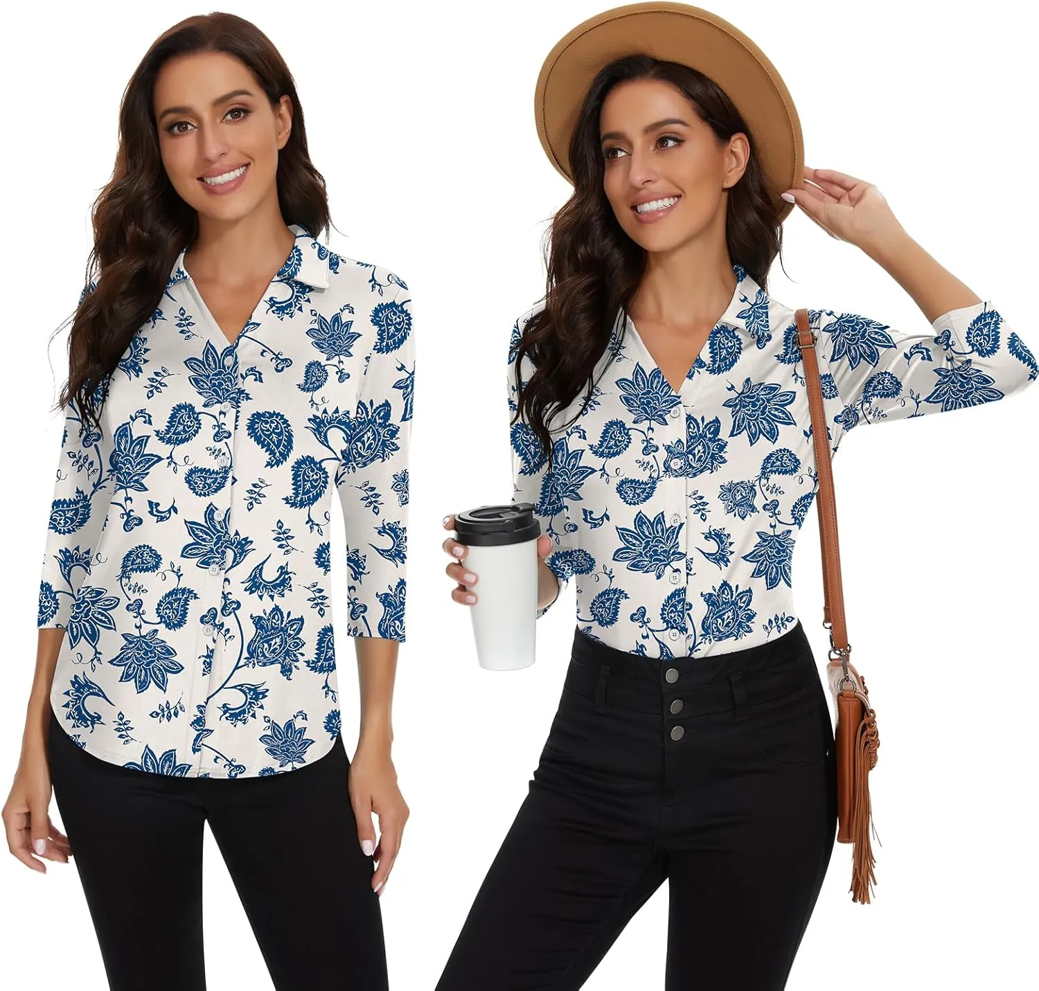 Soneven Womens Golf Polo Shirts 3/4 Long Sleeve V Neck Button Down Shirts Business Causal Work Blouses Tops