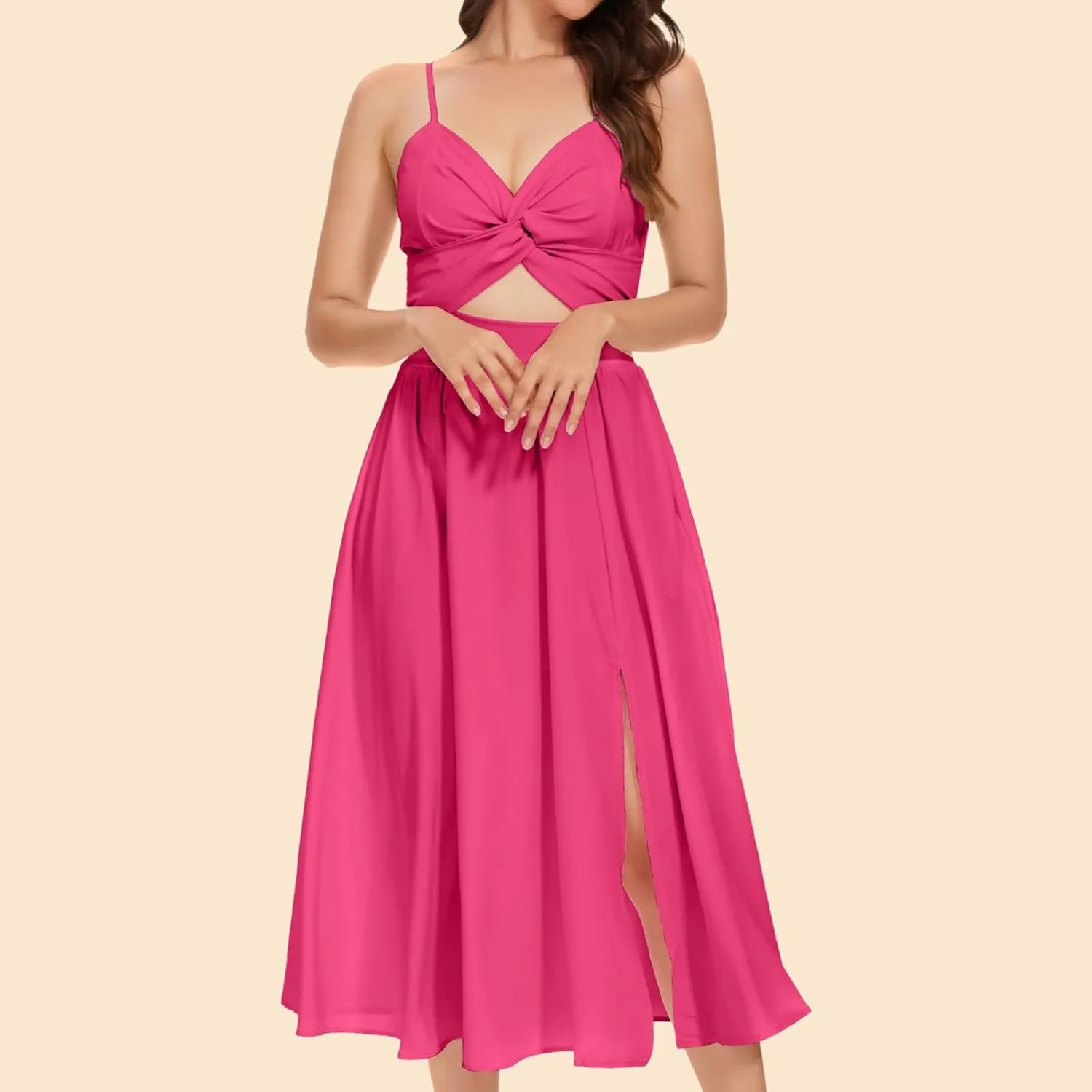 Split Cami Dress for Women Twist Front Sexy Cutout Midi Dress Trendy V Neck Backless Spaghetti Strap Long Dress