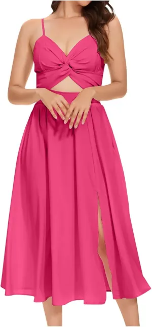 Split Cami Dress for Women Twist Front Sexy Cutout Midi Dress Trendy V Neck Backless Spaghetti Strap Long Dress