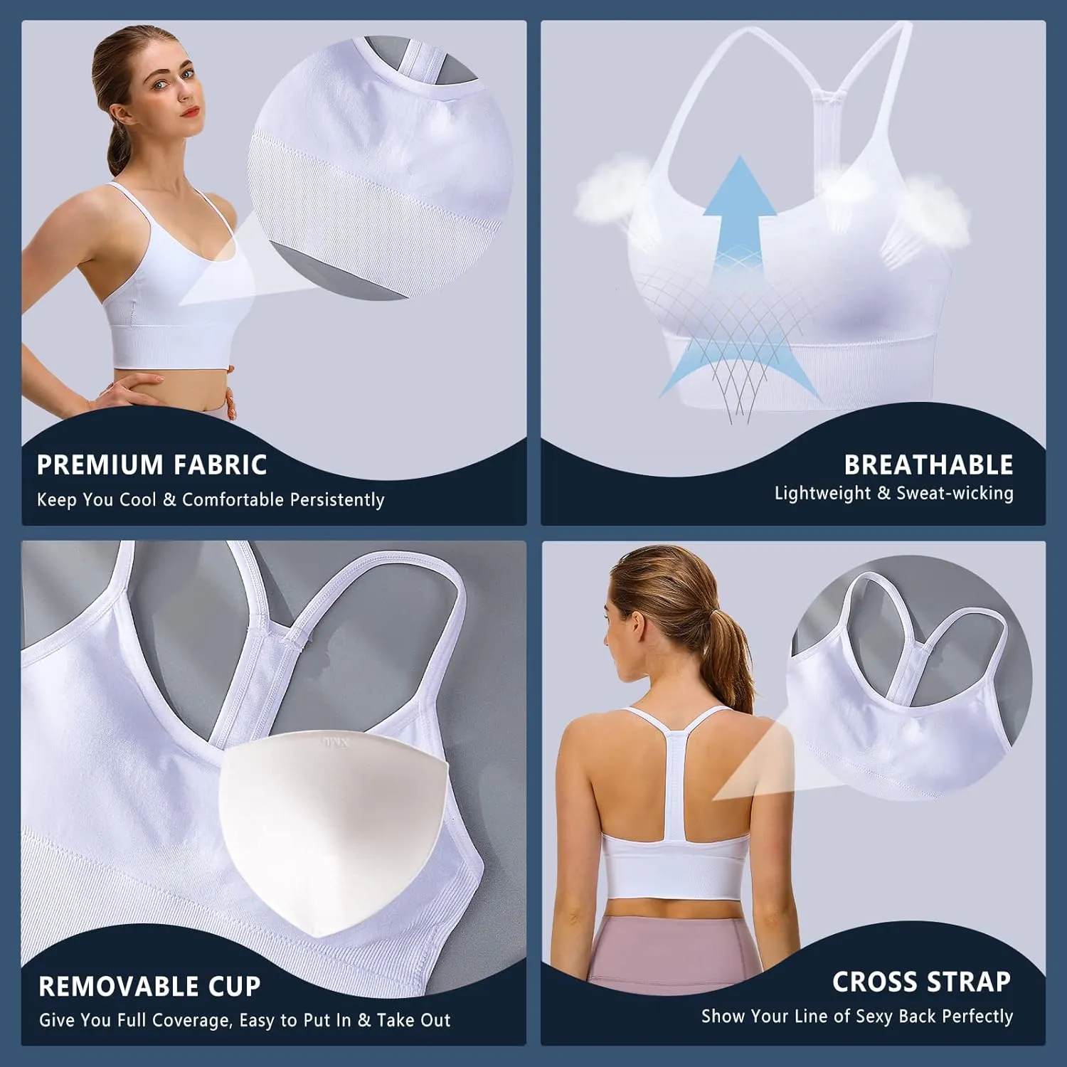 Sports Bra, Workout Tops for Women, Medium Impact Strappy Padded Sports Bras for Women High Support