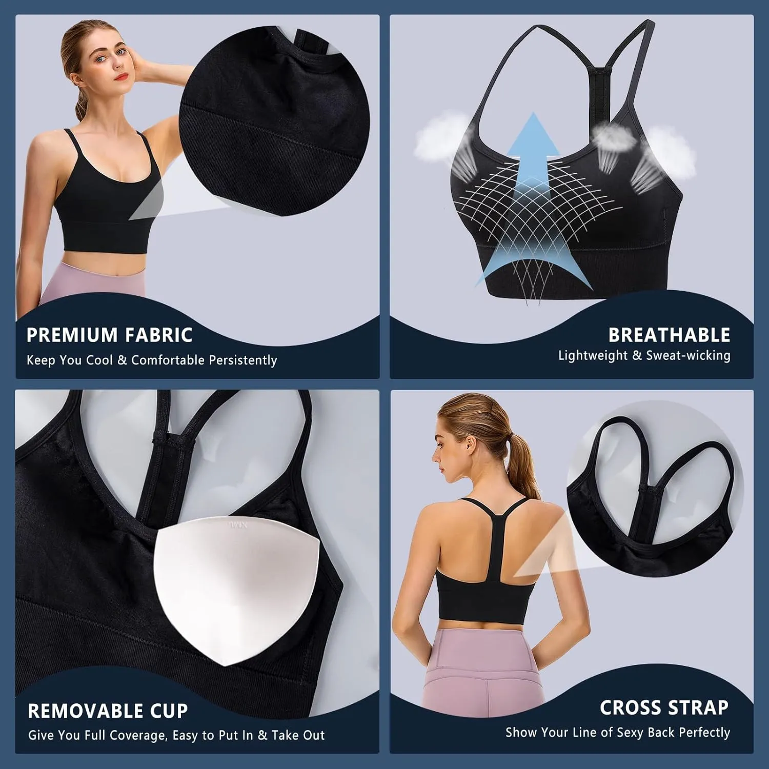Sports Bra, Workout Tops for Women, Medium Impact Strappy Padded Sports Bras for Women High Support