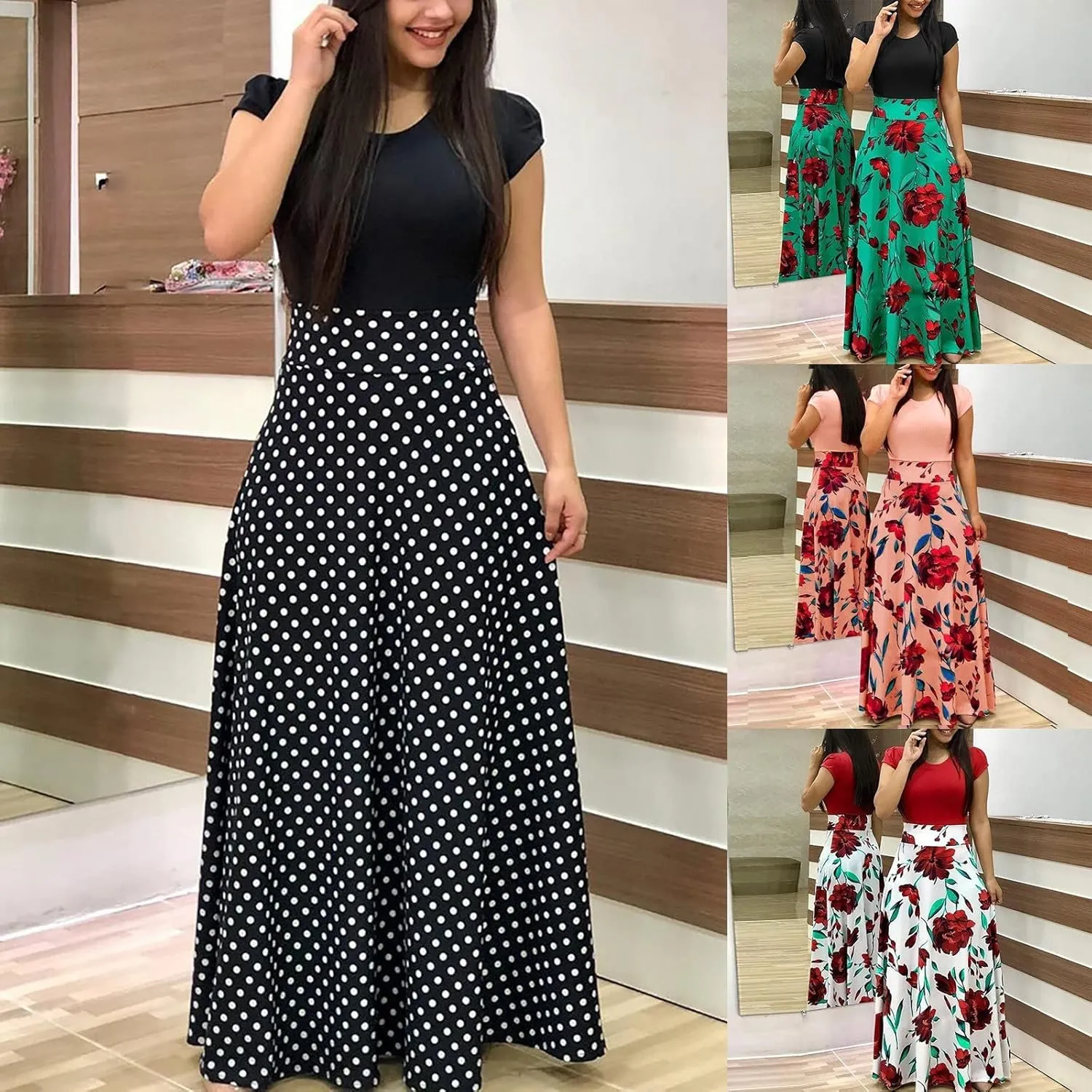 Spring Dresses for Women Long Sleeve Floral Print Elegant Wedding Holiday Party Splice Large Swing Summer Maxi Dress