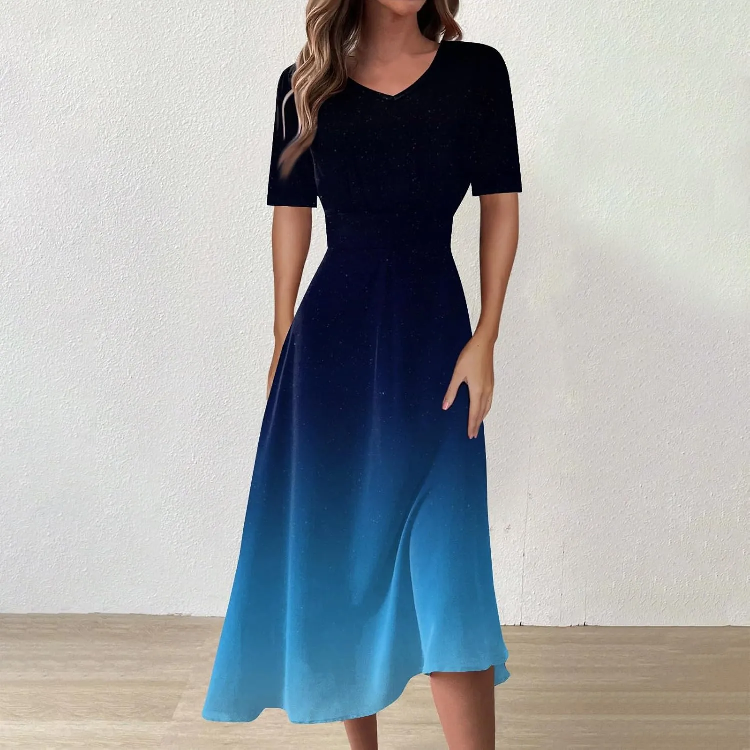 Spring Dresses for Women Short Sleeve Flowy Dresses Plus Size V Neck Casual Dresses Modest Elegant Cocktail Dresses