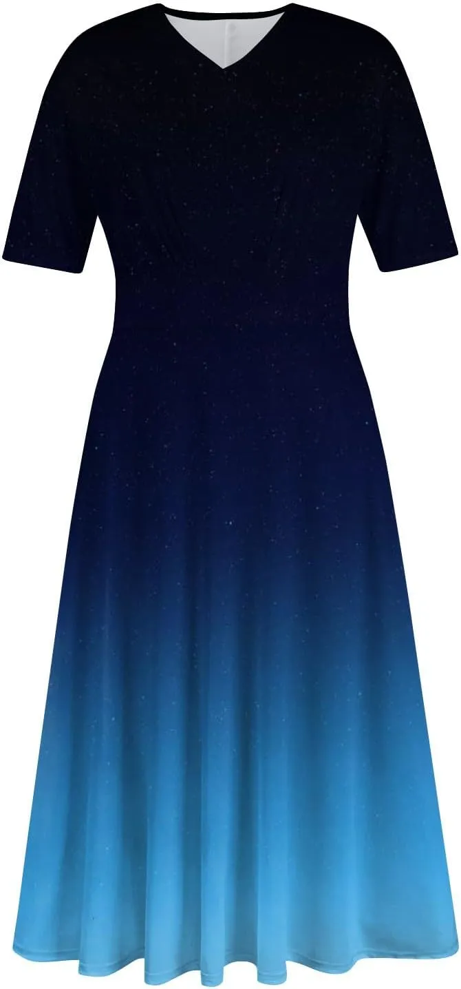 Spring Dresses for Women Short Sleeve Flowy Dresses Plus Size V Neck Casual Dresses Modest Elegant Cocktail Dresses