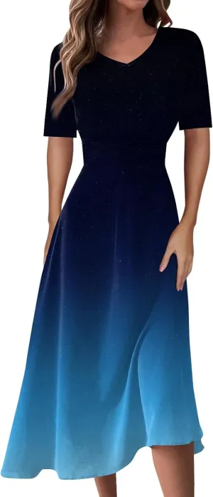 Spring Dresses for Women Short Sleeve Flowy Dresses Plus Size V Neck Casual Dresses Modest Elegant Cocktail Dresses