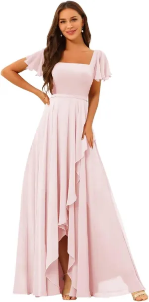 Square Neck Bridesmaid Dresses with Slit 2025 Chiffon Short Sleeves A Line Long Formal Gowns XOD0476