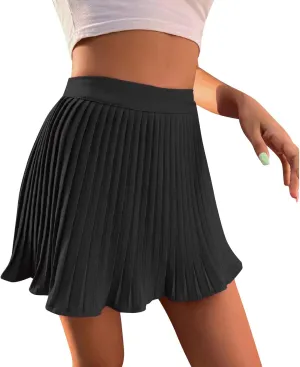 Summer A Line Beach Cute Skirts for Teen Empire Waist Mini Skirt Women's Ruffle Tiered Pleated Mini Skirt Girls Solid Color Black