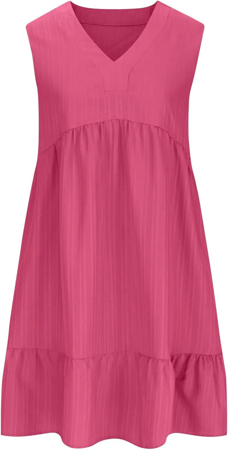 Summer Dresses for Women 2025 Sleeveless V-Neck Flowy Midi Sundresses Layered A-Line Boho Beach Vacation Dress