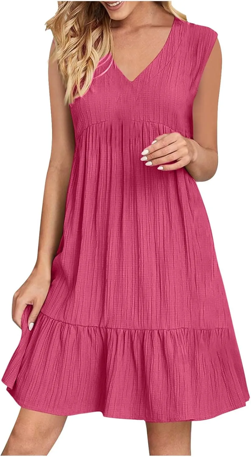 Summer Dresses for Women 2025 Sleeveless V-Neck Flowy Midi Sundresses Layered A-Line Boho Beach Vacation Dress