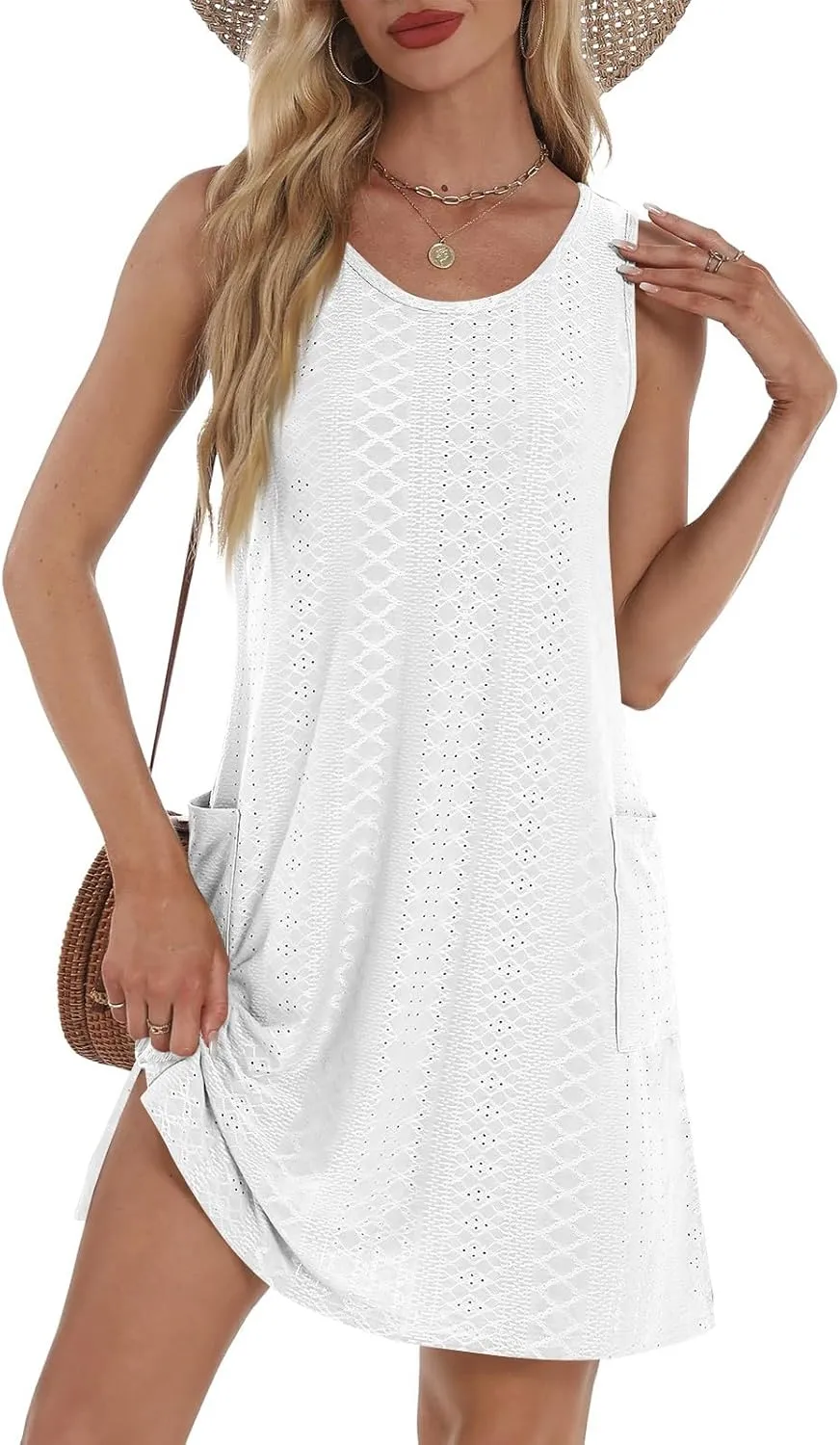 Sundresses for Women 2025 Summer Trendy Sleeveless Eyelet Beach Dress Bathing Suit Cover Up Tank Dress with Pockets