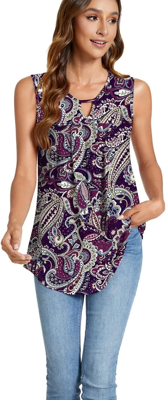 SUNNEGOO Womens Summer Tank Tops Sleeveless Cute Loose Fit Dressy Casual Flowy Blouses Printed Pleated Shirt Trendy Tunic