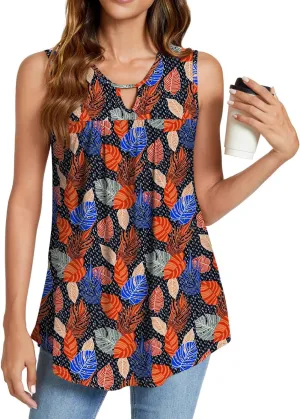 SUNNEGOO Womens Summer Tank Tops Sleeveless Cute Loose Fit Dressy Casual Flowy Blouses Printed Pleated Shirt Trendy Tunic
