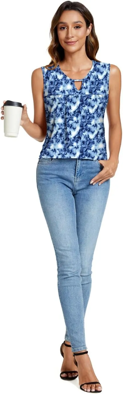 SUNNEGOO Womens Summer Tank Tops Sleeveless Cute Loose Fit Dressy Casual Flowy Blouses Printed Pleated Shirt Trendy Tunic