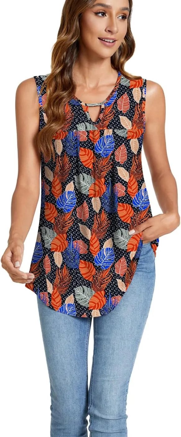SUNNEGOO Womens Summer Tank Tops Sleeveless Cute Loose Fit Dressy Casual Flowy Blouses Printed Pleated Shirt Trendy Tunic