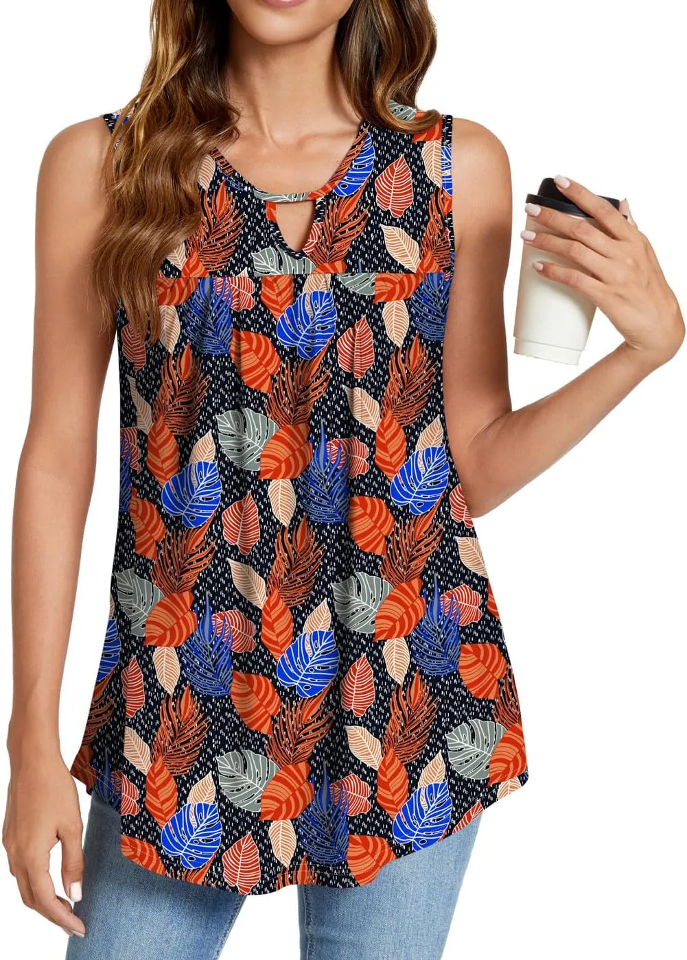 SUNNEGOO Womens Summer Tank Tops Sleeveless Cute Loose Fit Dressy Casual Flowy Blouses Printed Pleated Shirt Trendy Tunic
