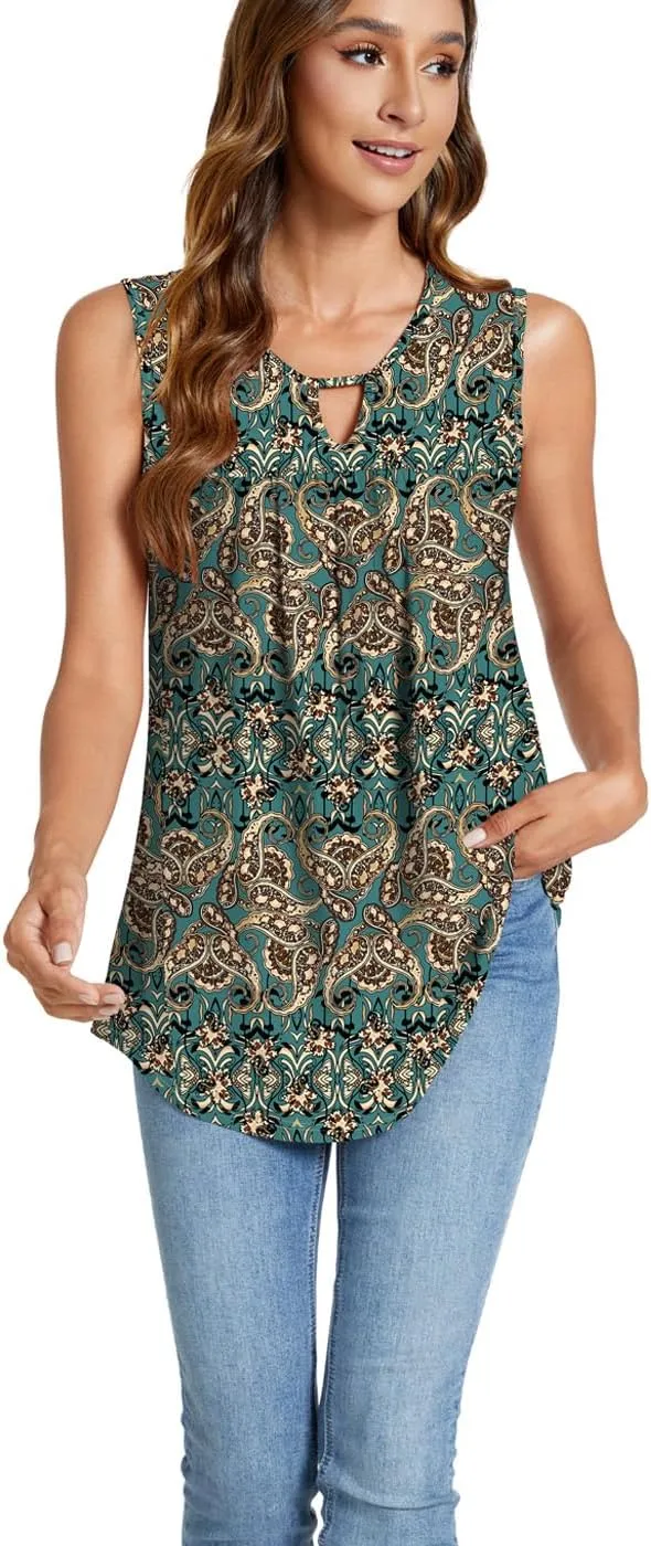 SUNNEGOO Womens Summer Tank Tops Sleeveless Cute Loose Fit Dressy Casual Flowy Blouses Printed Pleated Shirt Trendy Tunic