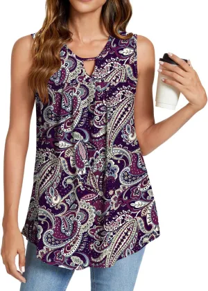 SUNNEGOO Womens Summer Tank Tops Sleeveless Cute Loose Fit Dressy Casual Flowy Blouses Printed Pleated Shirt Trendy Tunic
