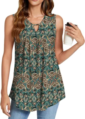 SUNNEGOO Womens Summer Tank Tops Sleeveless Cute Loose Fit Dressy Casual Flowy Blouses Printed Pleated Shirt Trendy Tunic