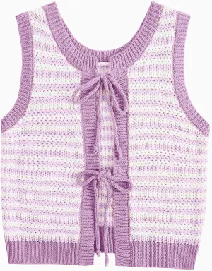 Sweater Vest Women Casual Sleeveless Crochet Tops Color Block Tie Back Knit Tank Tops
