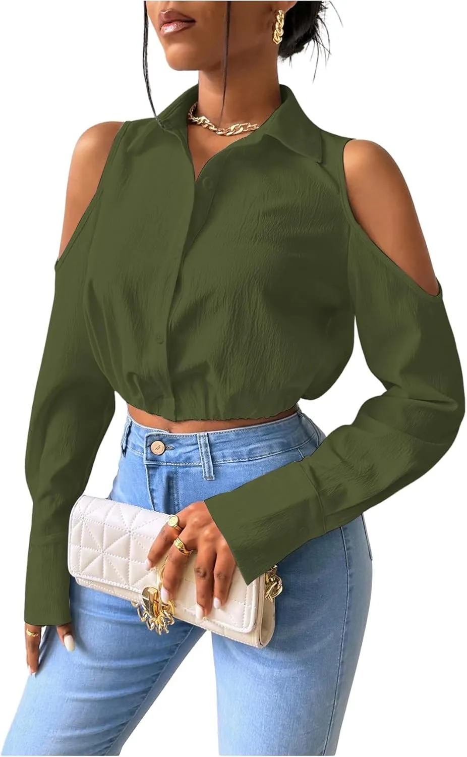SweatyRocks Women's Cold Shoulder Long Sleeve Button Down Collared Cropped Blouses