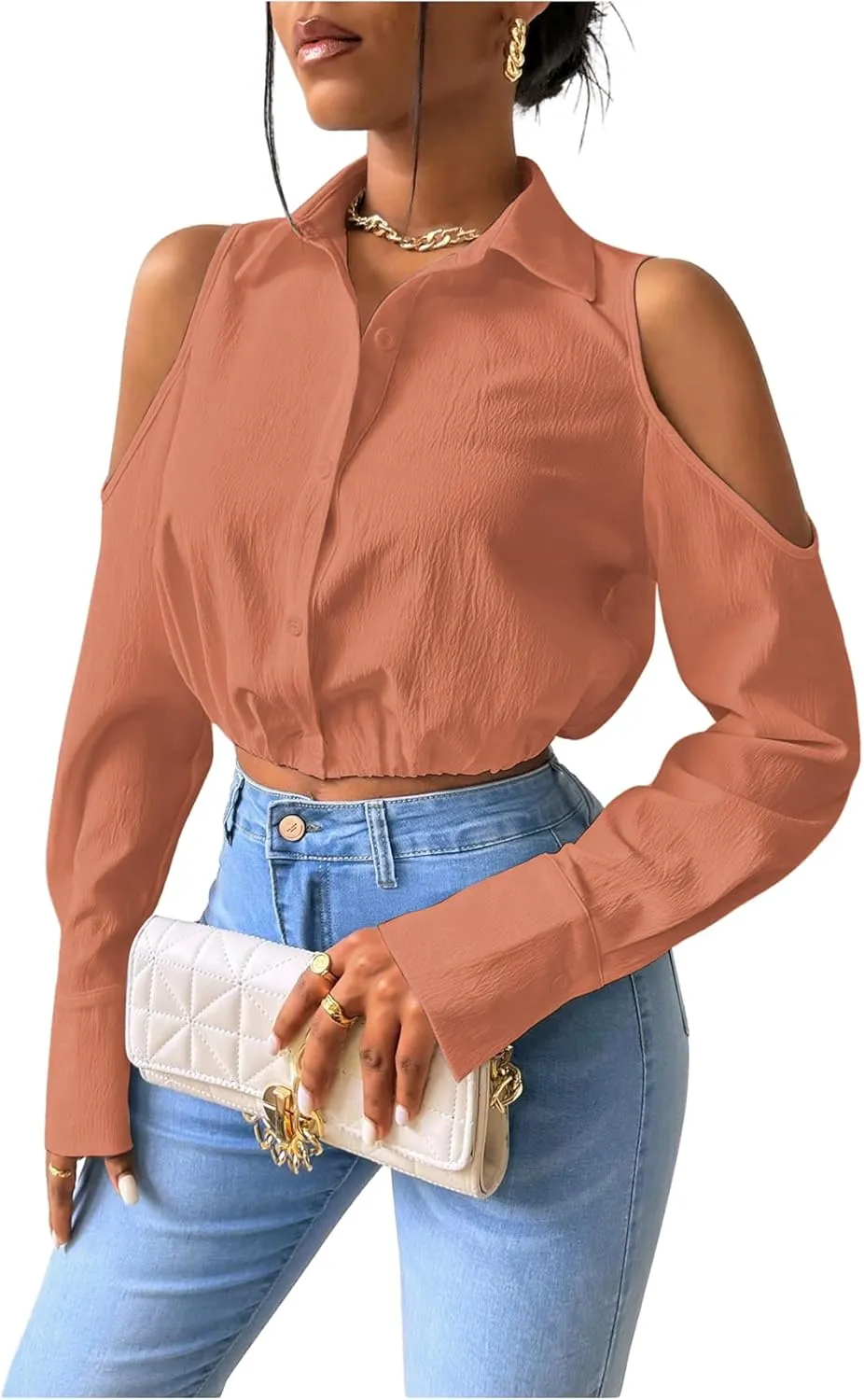 SweatyRocks Women's Cold Shoulder Long Sleeve Button Down Collared Cropped Blouses